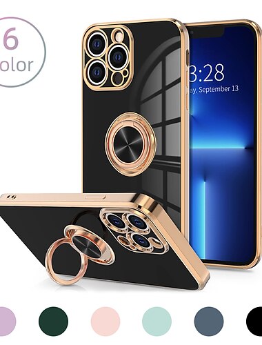  Funda para iPhone 16e iPhone 16 iPhone 15 Pro Max Plus iPhone 14 13 12 11 Pro Max Mini X XR XS Max 8 7 Plus Funda Trasera con Soporte de Anillo Protector de Lente de Cámara TPU Plating