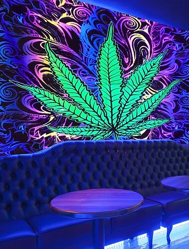  Tapisserie murale à lumière noire avec feuilles de cannabis, réactive aux UV, phosphorescente, fête, néon, psychédélique, trippante, brumeuse, art mural pour salon, chambre à coucher