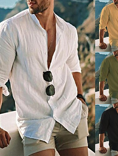  Voor heren Overhemd Linnen overhemd Overhemd met bandkraag Zomer overhemd Strand Kleding Overhemd met knopen Effen Kleur Buiten Vakantie Zwart Wit Geel Lichtgroen Lange mouw Kraag Lente Herfst Kleding