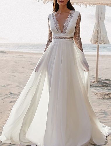  Beach Open Back Boho Wedding Dresses A-Line V Neck Sleeveless Floor Length Chiffon Bridal Gowns With Pleats 2024
