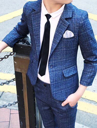  3 Stück Ring-Träger Anzug Jungen kinderkleidung Anzug Formeller Anzug Anzug & Blazer Kleidungsset Party Strasse Cool Sanft Plaid Marineblau Dunkelgray Baumwolle