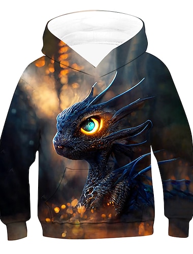  Unisex 3D Grafisk Dyr Drage Hattetrøje Langermet 3D-utskrift Sommer Vår Høst Mote Kul Barn 3-12 år utendørs Daglig Normal