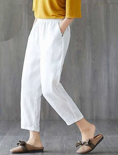  Mujer Normal Pantalones de lino y algodón Chinos Pantalones Moda Hasta el Tobillo Media cintura Plano Bolsillos laterales Holgado Comodidad Microelástico Trabajo Casual Fin de semana Negro / Blanco
