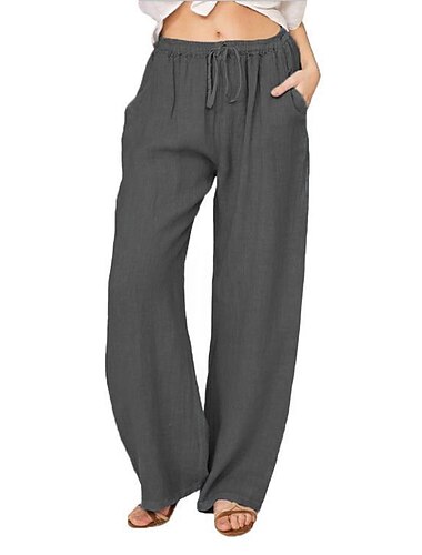  Mujer Normal Fresco Perneras anchas Pantalones de lino y algodón Moda Longitud total Media cintura Plano Bolsillos laterales Perneras anchas Holgado Comodidad Rígido Casual Fin de semana Bleu Ciel