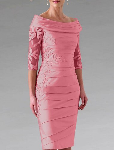  Linjeform Knelengde Festkjole Cocktail Kjole Bodycon kjole Halvlange ermer Løse skuldre Elegant Bryllupsgjest Taft Kjole til brudens mor med Appliqué Ruchiing
