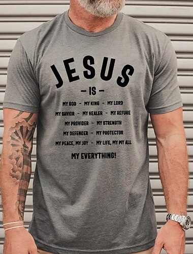  Herren Buchstabe Jesus T Shirt Lässiger Stil Baumwolle Kurzarm Grafik Hemd Heather Grey Schwarz Weiß Bequemes T-Shirt Outdoor Straße Modedesigner-Kleidung