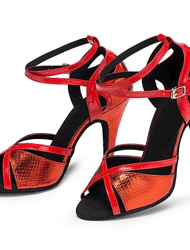  Damen Schuhe für den lateinamerikanischen Tanz Tanzschuhe Professionell ChaCha Rumba Funkelnde Schuhe Stilvoll Keilabsatz Schnalle Erwachsene Dunkelrot Silber Gold