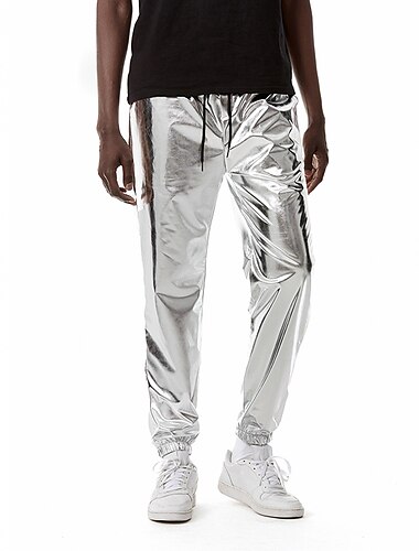  Men's Joggers Trousers Casual Pants Sequin Pants Drawstring Elastic Waist Shiny Metallic Solid Color Full Length Club Nightclub Disco Lights Casual Trousers Loose Fit Silver Black Micro-elastic