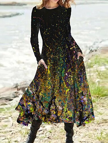  Damen Midi Kleid Lässiges Kleid Winterkleid Swing Kleid Urlaub Mode Basic Formal Urlaub Party Regulärer Schnitt Batik Farbverlauf Langarm Rundhals Gelb Blau Camel Lila