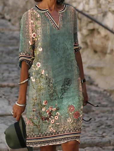  naisten vapaa-ajan mekko vaihtomekko midi-mekko vihreä puolihihainen kukkaprintti syksy kevät kesä v kaula 2023 s m l xl xxl 3xl