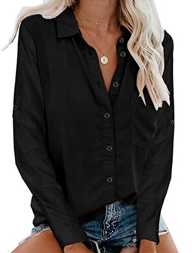  Per donna Camicia Camicie ispirate al lino Abbottonare Blusa Semplice Elegante Affari Essenziale Manica Lunga Colletto a Camicia Top Regolari Lavoro Quotidiano Weekend Nero Bianco Grigio Autunno