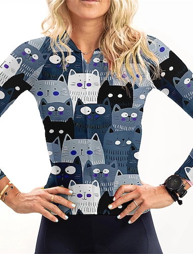  Dame Sykkeltrøyer Katt Morsom Langermet Sykkel Jersey Topper med 3 baklommer Fjellsykling Veisykling Hurtigtørkende Refleksbånd Tilbake Lomme Fukttransport sport Vinrød Mørk Marineblå Lilla Klær