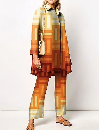  Ensemble de chemise et pantalons streetwear féminin en 2 pièces pantalons larges col chemise à manches longues imprimé géométrique travail quotidien rose rouge bleu automne et hiver coupe régulière