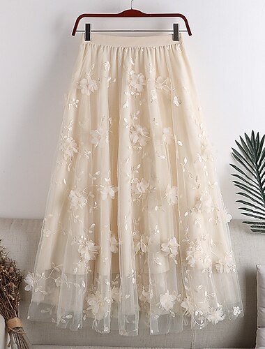  Mulheres Saia Balanço Saias de trabalho Saia longa Médio Saias Renda Bordado Multi Camadas Cor Sólida Escritório / Carreira Diário Primavera & Outono Poliéster Elegante Comprimento Longo Verão Preto