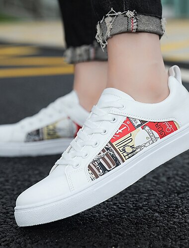  ανδρικά άσπρα casual graphic αθλητικά παπούτσια - κομψά παπούτσια με κορδόνια με ασπρόμαυρη στάμπα για streetwear και καθημερινή χρήση