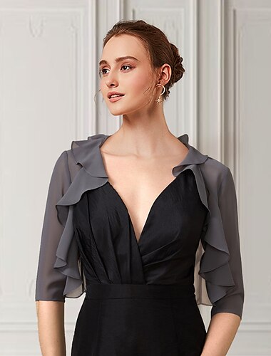  half mouw shrugs chiffon bruiloft / feest / avond dames wrap met waterval ruches / bruiloft gast jurk om indruk te maken 2025