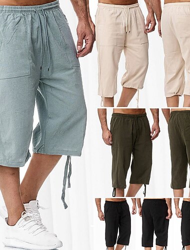  Homme Short Short en lin Short d'été Short de plage Pantalons Capri Cordon Taille elastique Poche avant Plein Confort Respirable Mollet Sport extérieur du quotidien mode Casual Sport Bleu Kaki