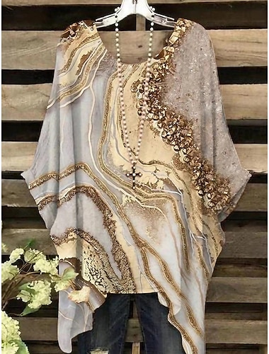  Blouse Femme Grande Taille Chiffon Basique Imprimé Décontracté Manches Dolman Manches Longues Col Ronde Vacances Quotidien Jaune Printemps Automne