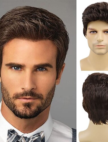  parrucca marrone da uomo, bel maschio, capelli corti, sintetico, costume da carnevale, toupet per uomo, uso quotidiano per feste