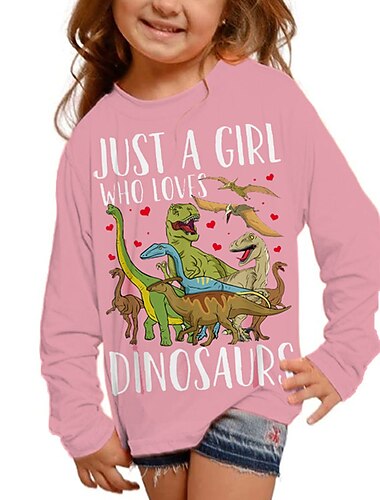  Rosa Dinosaurier-T-Shirt mit 3D-Motiv für Mädchen, langärmlig, 3D-Druck, Herbst, Winter, aktiv, modisch, täglich, Polyester, Kinder 3–12 Jahre, Outdoor, täglich, normale Passform