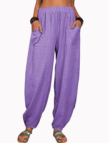  Pantalones casuales de algodón y lino holgados de color sólido de nuevo deseo para mujer, pantalones bombachos para el hogar