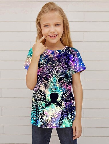  Flickor 3D Djur Galax Varg T-shirt Kortärmad 3D-tryck Sommar Vår Aktiv Mode söt stil Polyester Barn 3-12 år Utomhus Dagligen Normal