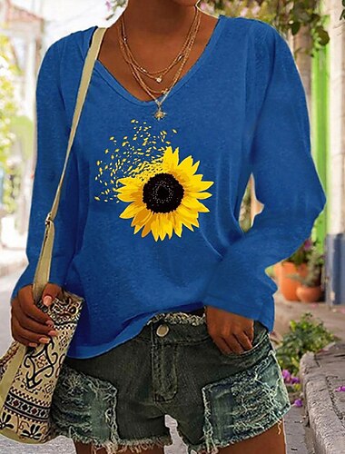  Damen T-Shirt Basic Sonnenblumen-Print Langarm Normal Oberteile V-Ausschnitt Sport Wochenende Weiß Blau Grün Herbst&amp; Winter