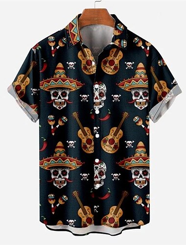  Herren Totenkopf Motiv Hemd Kurze Ärmel Modisch Designer Brautkleider schlicht Outdoor Halloween Strasse Sommer Frühling Umlegekragen Bedruckt Button-Down Marineblau Blau Purpur Grün