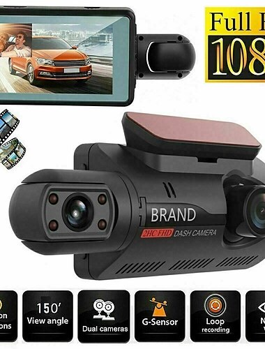  3 tommers ips dual linse bil dvr dash cam videoopptaker g-sensor 1080p front og innvendig kamera