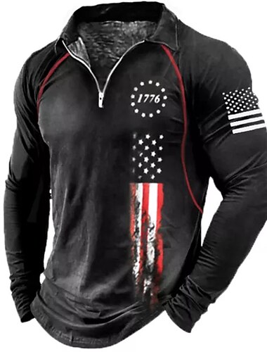  Herr Amerikanska flaggan Veteraner Pikétröjor med dragkedja Golftröja Långärmad Polotröjor Skjortor med krage Ledigt Streetwear Semesterkläder Festkläder 3D-utskrift Quarter Zip Polo Svart Rubinrött