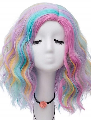  Frauen 16 Zoll mittellange Wasserwelle Regenbogen bunte Mode tägliche Cosplay-Perücke