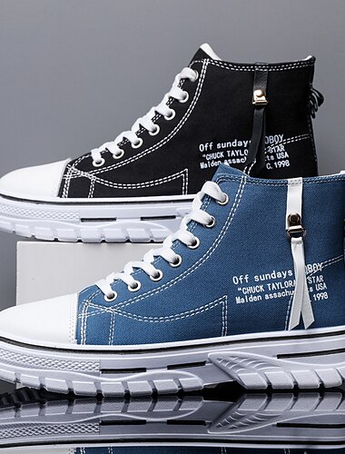  baskets montantes en toile bleues pour hommes avec semelle blanche et design à lacets, chaussures de sport décontractées pour le streetwear et le quotidien