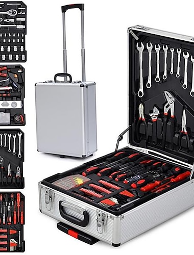  799 stk husholdningsverktøysett med trillekoffert i aluminium, verktøykasse for autoreparasjoner og hjul