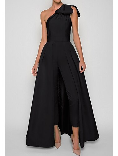 Jumpsuit / Pantsuit Gulvlengde Kveldskjoler Ballkjole med overskjørt Formell kjole Elegant evighet Ermeløs Enskuldret Formell Bryllupsgjest Convertible Stretchstoff med Sløyfe(r) Plissert Overskjørt