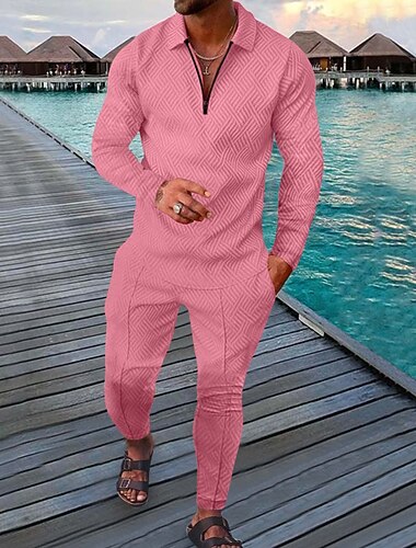  男性用 セット ポロシャツ レジャースポーツ お出かけ 折襟 長袖 スポーツ カジュアル ソリッド カーブ パッチワーク ジッパー 秋冬 スリム ブラック / グレー ホワイトグレー ブラック イエロー ライトグリーン ピンク セット