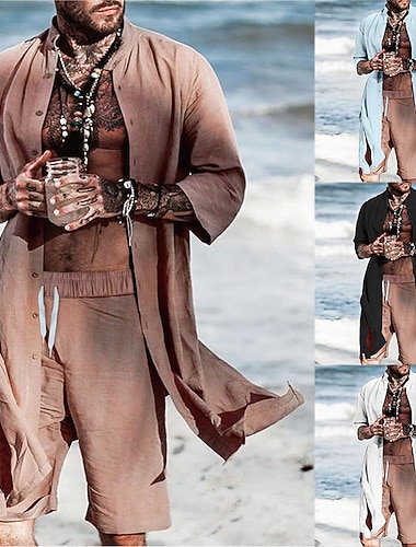  Hombre Camisa de verano Camisa casual Camisa de playa Plano Vacaciones Calle Azul Piscina Café Manga Larga Cuello Mao Verano Ropa Abotonar