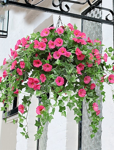  Colgante de seda artificial gloria de la mañana imitación flor vid boda jardín decoración planta falsa color vibrante flor verde planta para casa jardín valla escalera decoración