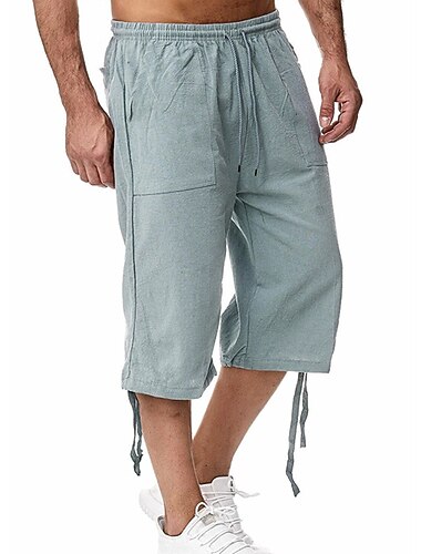  Homme Pantalon capri Shorts en Lin Shorts d'été Shorts de plage Avec Poches Taille Élastique Cordon de serrage Uni Doux Respirant Longueur mollet Sport en Plein Air Occasionnel Noir Bleu