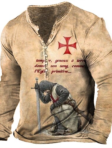  Муж. Футболка Рубашка Хенли Футболки Графика Тамплиерский крест Soldier Хенли Светло-зеленый Красный Синий Зеленый Хаки 3D печать Большие размеры на открытом воздухе Повседневные Длинный рукав