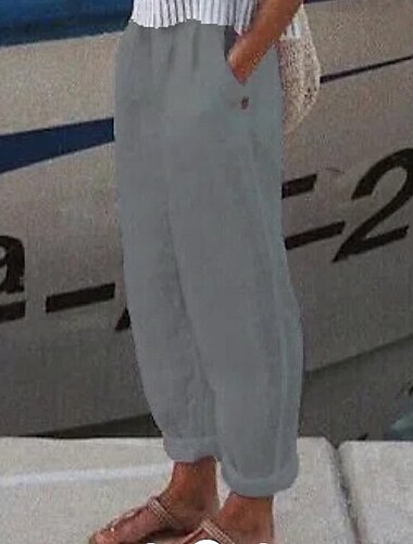  Damen Hose aus Baumwollleinen Hohe Taille Einfarbig Weites Bein Atmungsaktiv Schnelltrocknend Weich Mikroelastisch Sportlich Lässig Athleisure Weiß Blau Grün Khaki Frühling Herbst Lässiger Schnitt