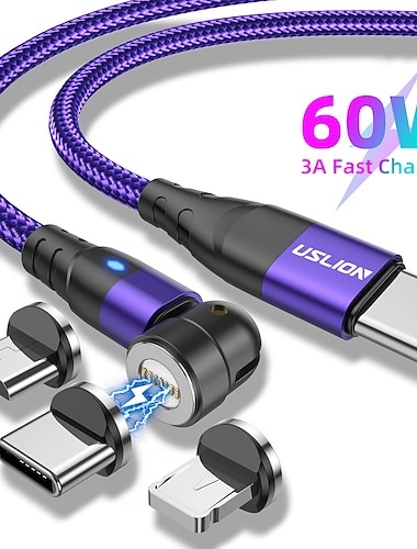  Универсальный зарядный кабель 60W 3,3 фута 6,6 футов USB-C на Lightning/микро/USB-C 3 A Быстрая зарядка нейлон плетеный Прочный Магнитный Назначение Samsung Xiaomi Huawei