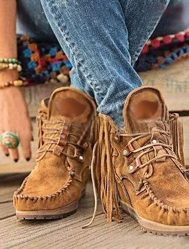  Women's Boots Cowboy Boots Tassel Shoes Plus Size Outdoor Daily Solid Colored Booties Ankle Boots Winter Tassel Flat Heel Round Toe Vintage Casual Walking PU Lace-up Black Blue Brown