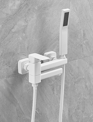  Robinet de baignoire à double bec mural blanc, mélangeur de remplissage de baignoire en laiton avec douchette à main, valve en céramique commande à une poignée