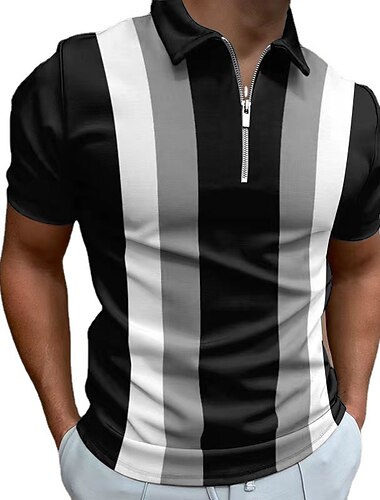  Men's Striped Zip Polo Shirts Golf Shirt Short Sleeve Polo Shirts Collared Shirts Business Casual WorkWear Formal Wear Festival Wear 3D Print Quarter Zip Polo Brown Green Gray