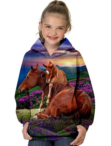  Para Meninas 3D Animal Cavalo Moletom Manga Longa Impressão 3D Outono Inverno Moda Roupa de rua Adorável Infantil 3-13 anos Ao ar livre Diário Interior Normal