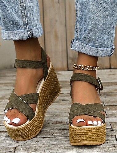  sandales compensées espadrilles pour femmes – chaussures d'été à lanières en daim vert olive avec fermeture à boucle, style décontracté pour la plage et les vacances