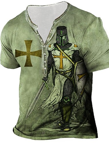  Herren Henley Hemd T Shirt Tee Grafik Templer Kreuz Kreuz Henley Grün Blau Lila Braun Grau 3D Druck Plus Größe Outdoor Täglich Kurzarm Button-Down Druck Kleidung Kleidung Basic Designer
