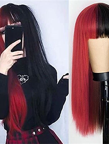  Kaneles halb schwarze halb grüne Perücke Lange glatte Haare mit Pony Cosplay natürliche wellige Perücke für Mädchen Cosplay Party Show Halloween Perücken