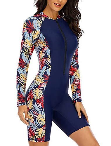  Damen Rash Guard Badeanzug Wasserdicht UPF50+ Atmungsaktiv Langarm Spandex Bodysuit Badeanzug Frontreißverschluss Boyleg Schwimmen Surfen Strand Wassersport Blumenmuster Sommer Frühling Herbst
