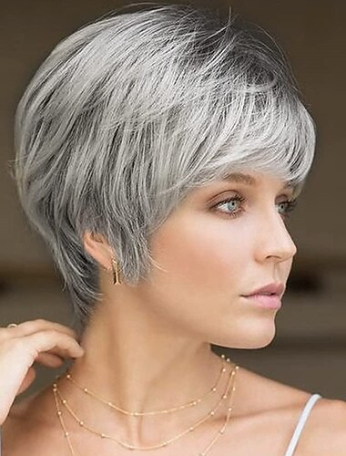  korte krullende grijze pixie pruiken voor witte vrouwen sliver grijze gelaagde synthetische pruik natuurlijk ogende pixie cut pluizige pruiken met pony kerstfeest pruiken